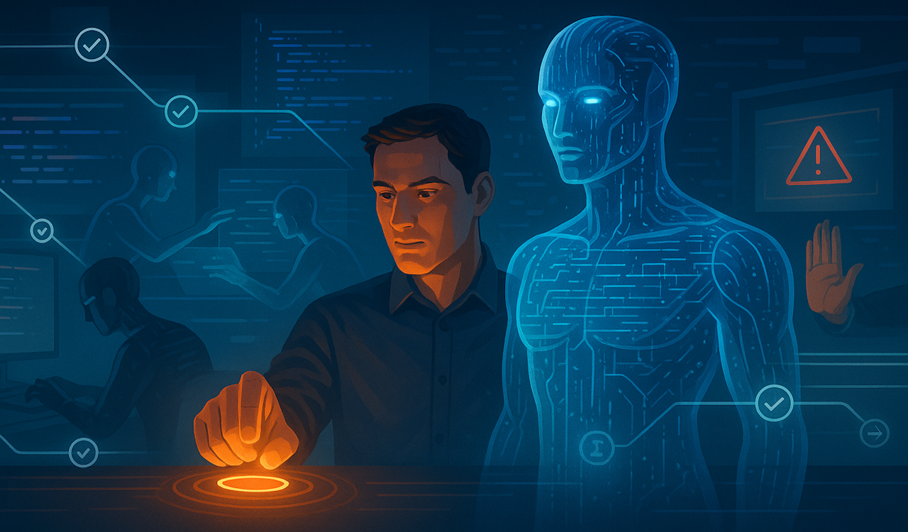 Human pressing button with AI watching