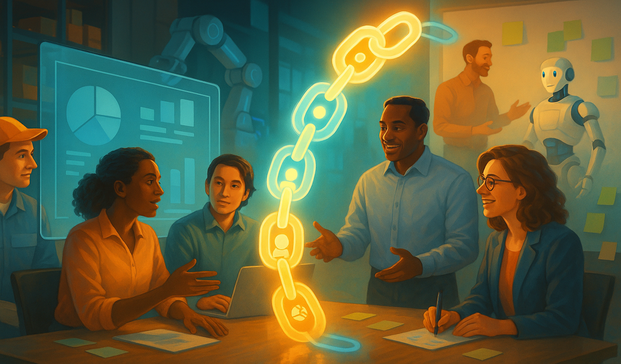 People watching a digital chain
