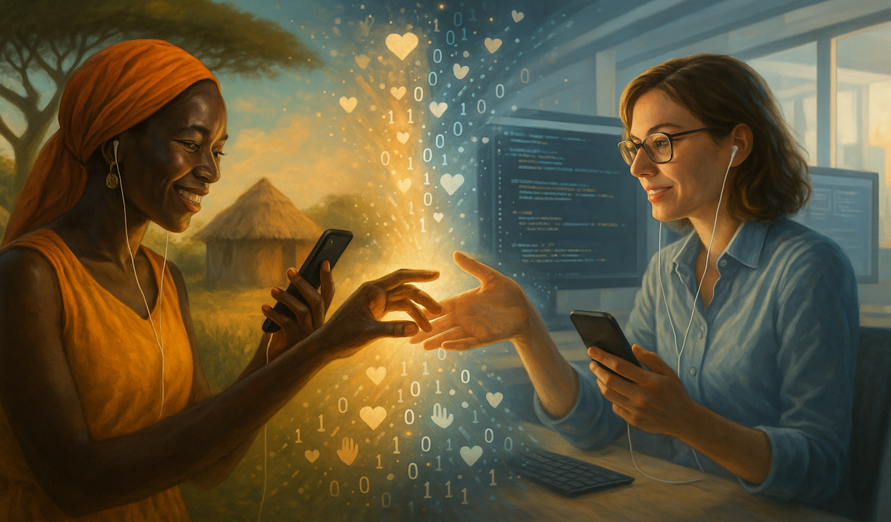 And African and a western lady touching hands through a digital portal