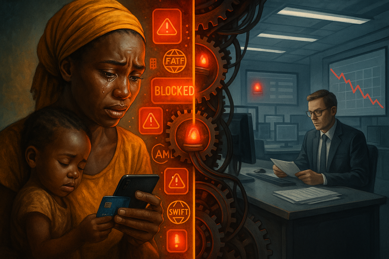 Family looking at their phone waiting for a payment to arrive that is blocked or delayed by algorithms and bureaucrats