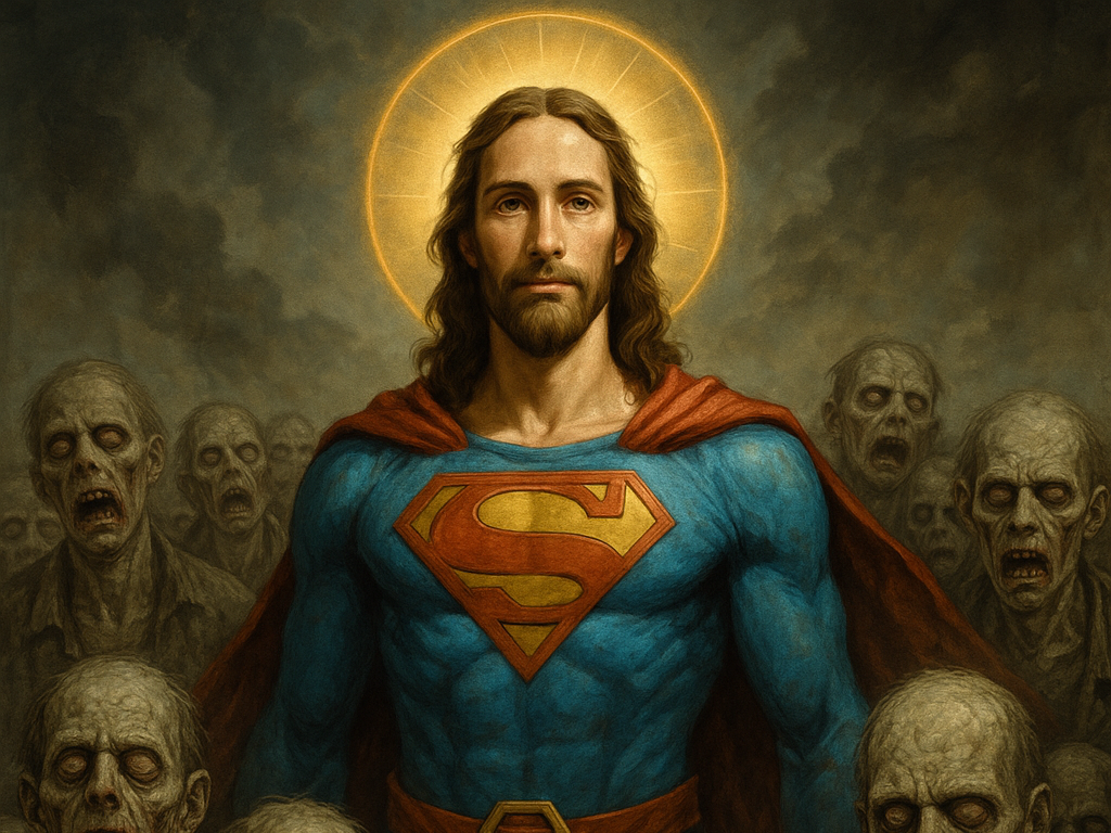 Superman Jezus among a group of zombies