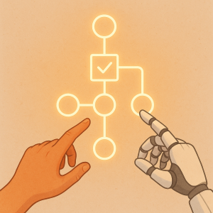 Human hand and AI guiding a workflow with an approval checkpoint