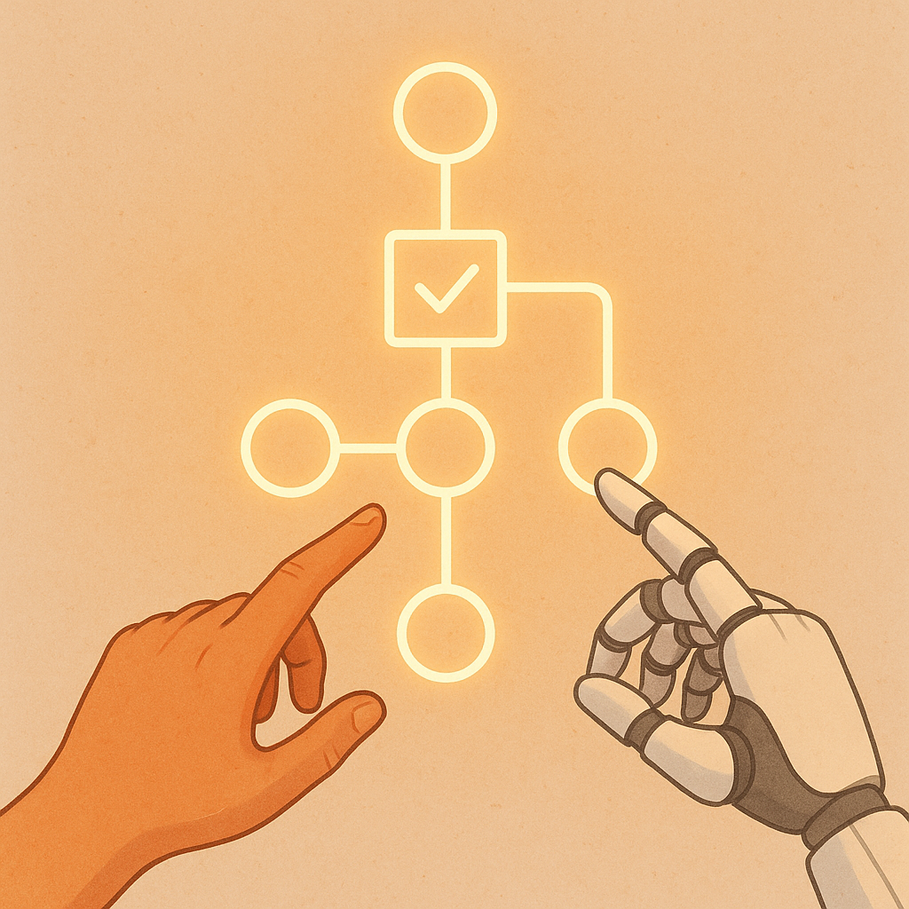 A human hand and an AI hand guiding a workflow with an approval checkpoint